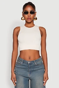 Womens Seamless Cable Knit Crop Tank Top, Beige, Size L-XL