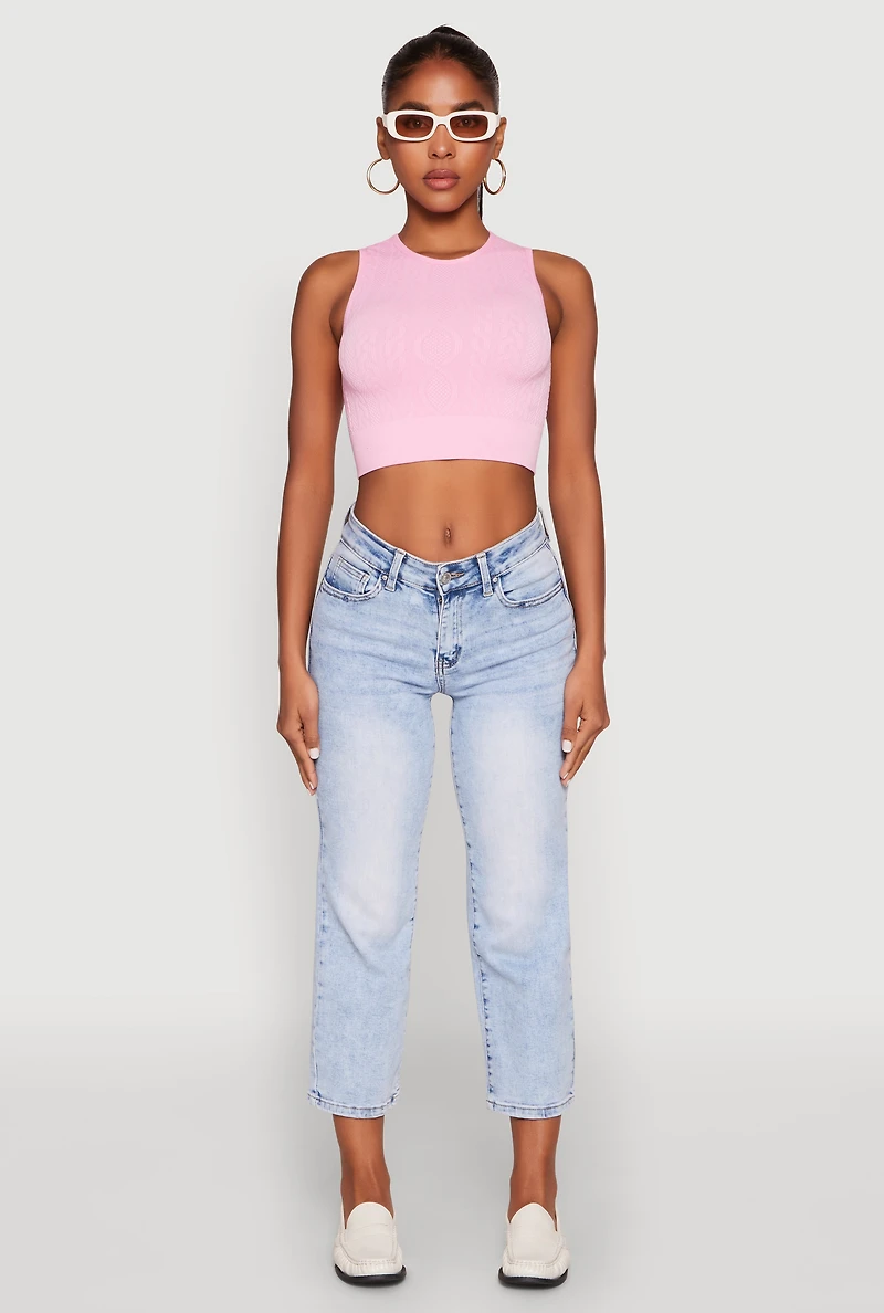 Womens Seamless Cable Knit Crop Tank Top, Pink,