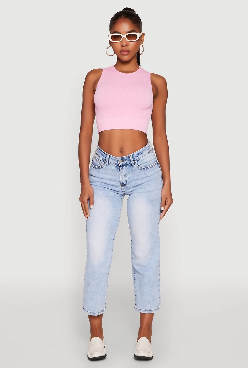 Womens Seamless Cable Knit Crop Tank Top, Pink,