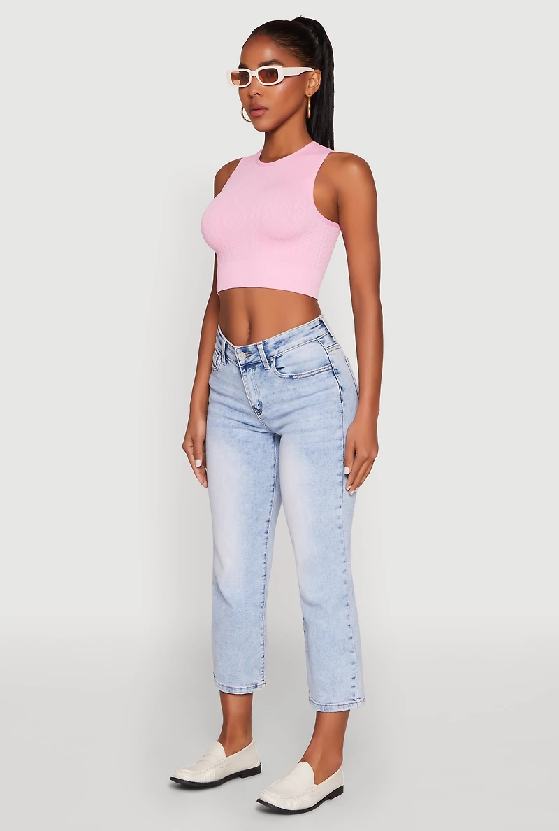Womens Seamless Cable Knit Crop Tank Top, Pink,