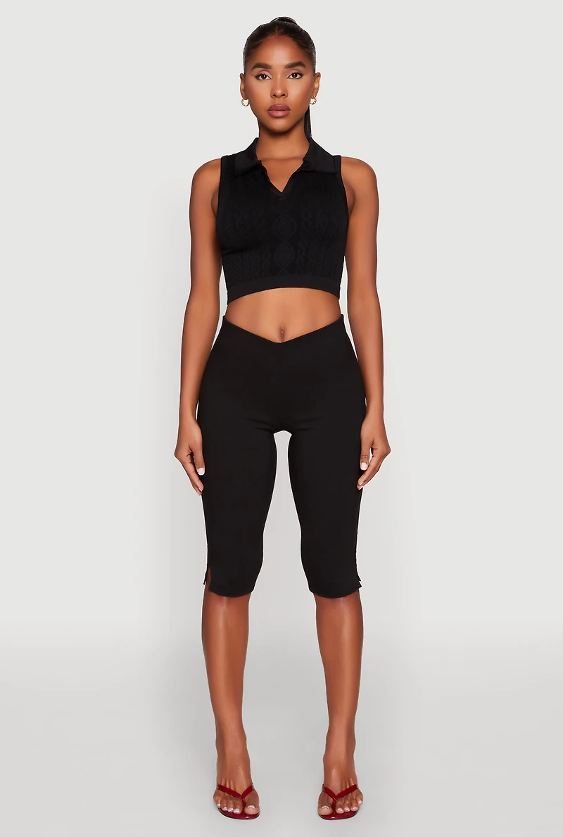 Womens Seamless Cable Knit Polo Crop Top,