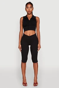 Womens Seamless Cable Knit Polo Crop Top,