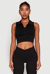 Womens Seamless Cable Knit Polo Crop Top,