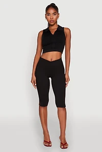 Womens Seamless Cable Knit Polo Crop Top,
