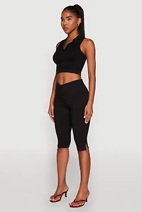 Womens Seamless Cable Knit Polo Crop Top,