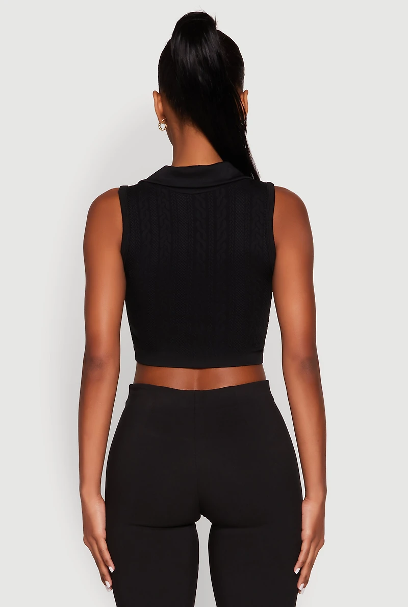 Womens Seamless Cable Knit Polo Crop Top,