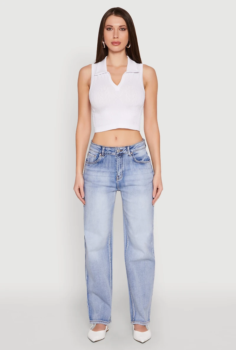 Womens Seamless Cable Knit Polo Crop Top, White, Size S-M