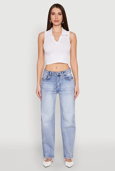 Womens Seamless Cable Knit Polo Crop Top, White, Size S-M