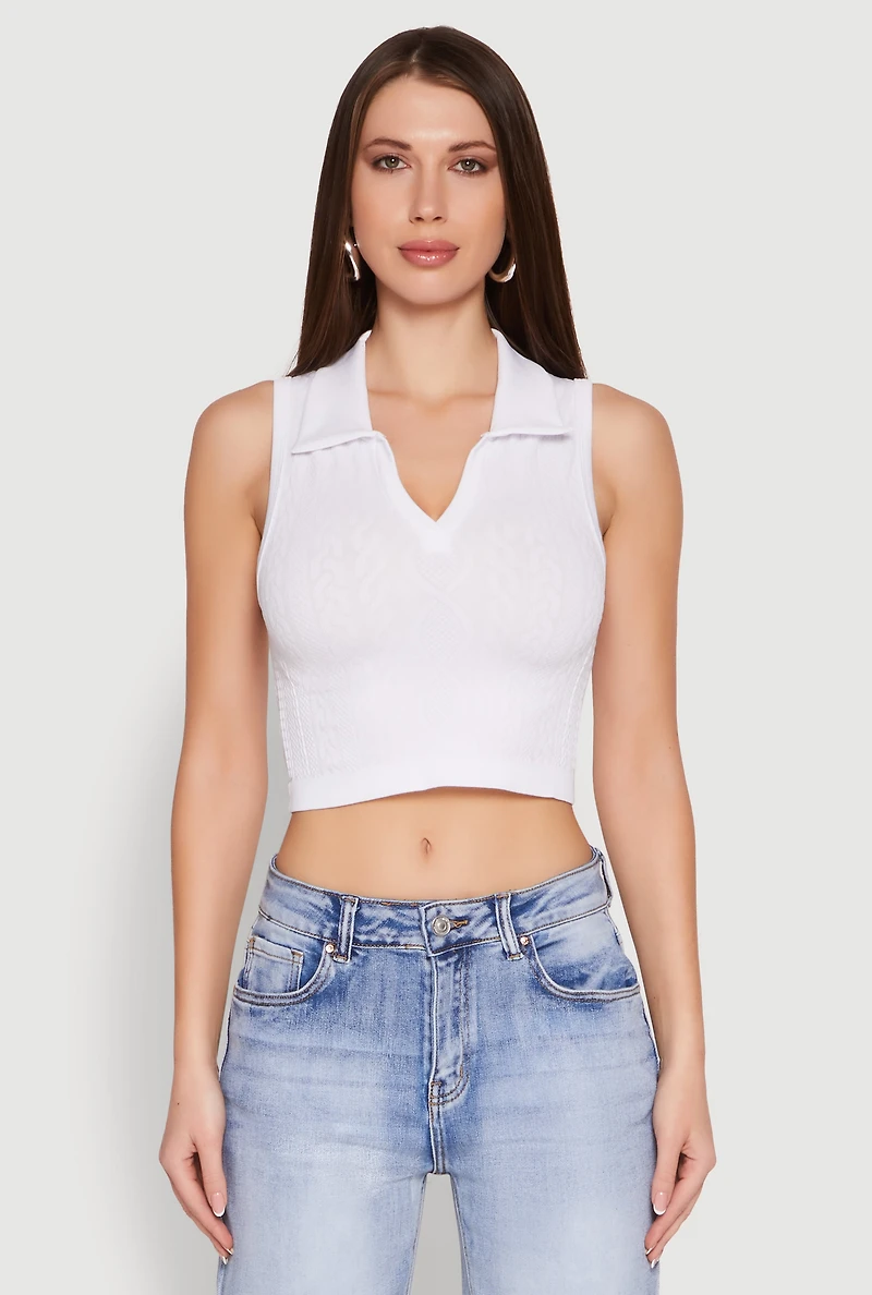 Womens Seamless Cable Knit Polo Crop Top, White, Size L-XL