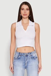 Womens Seamless Cable Knit Polo Crop Top, White, Size L-XL