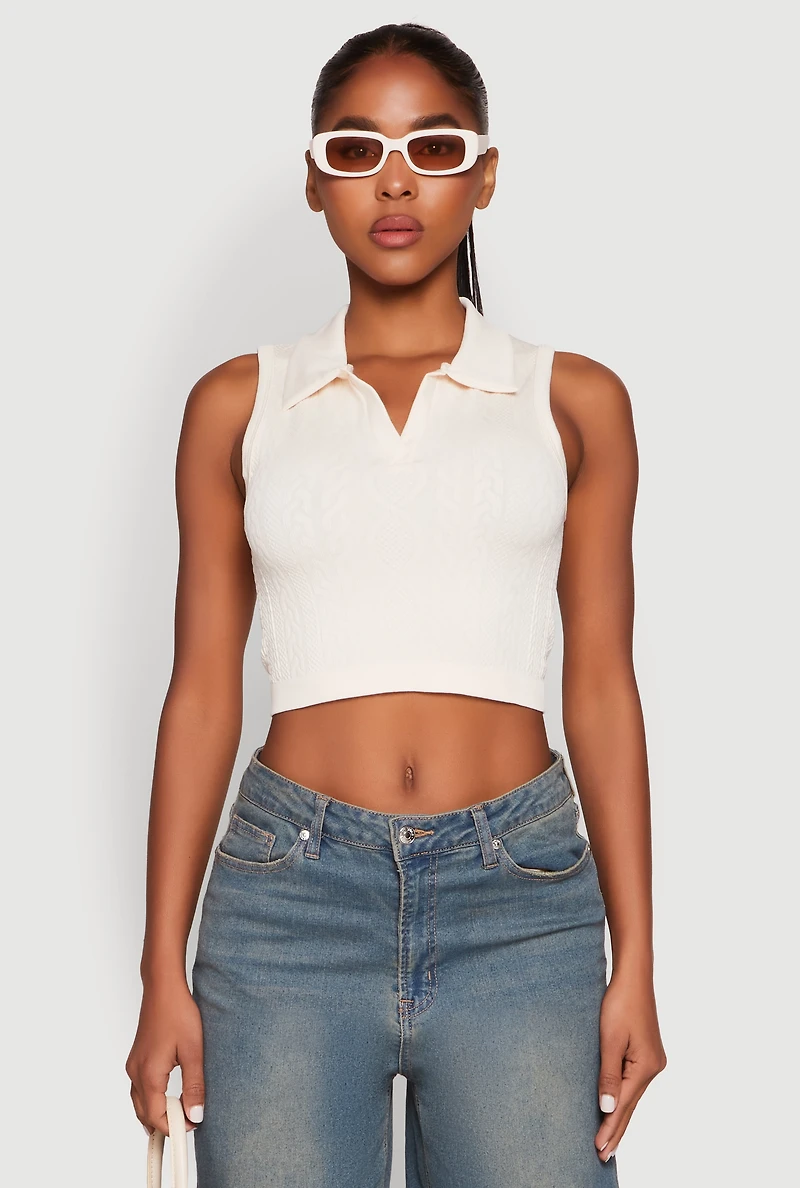 Womens Seamless Cable Knit Polo Crop Top, Beige, Size S-M