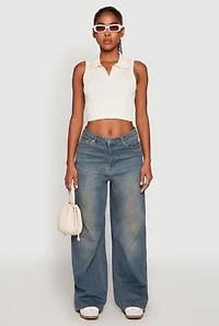 Womens Seamless Cable Knit Polo Crop Top, Beige, Size S-M
