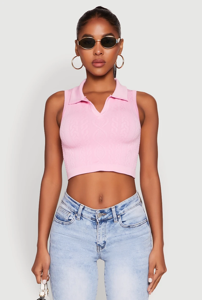 Womens Seamless Cable Knit Polo Crop Top, Pink, Size S-M