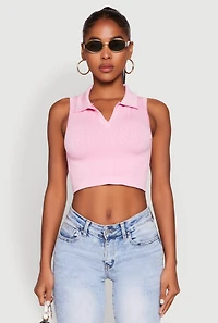Womens Seamless Cable Knit Polo Crop Top, Pink, Size S-M