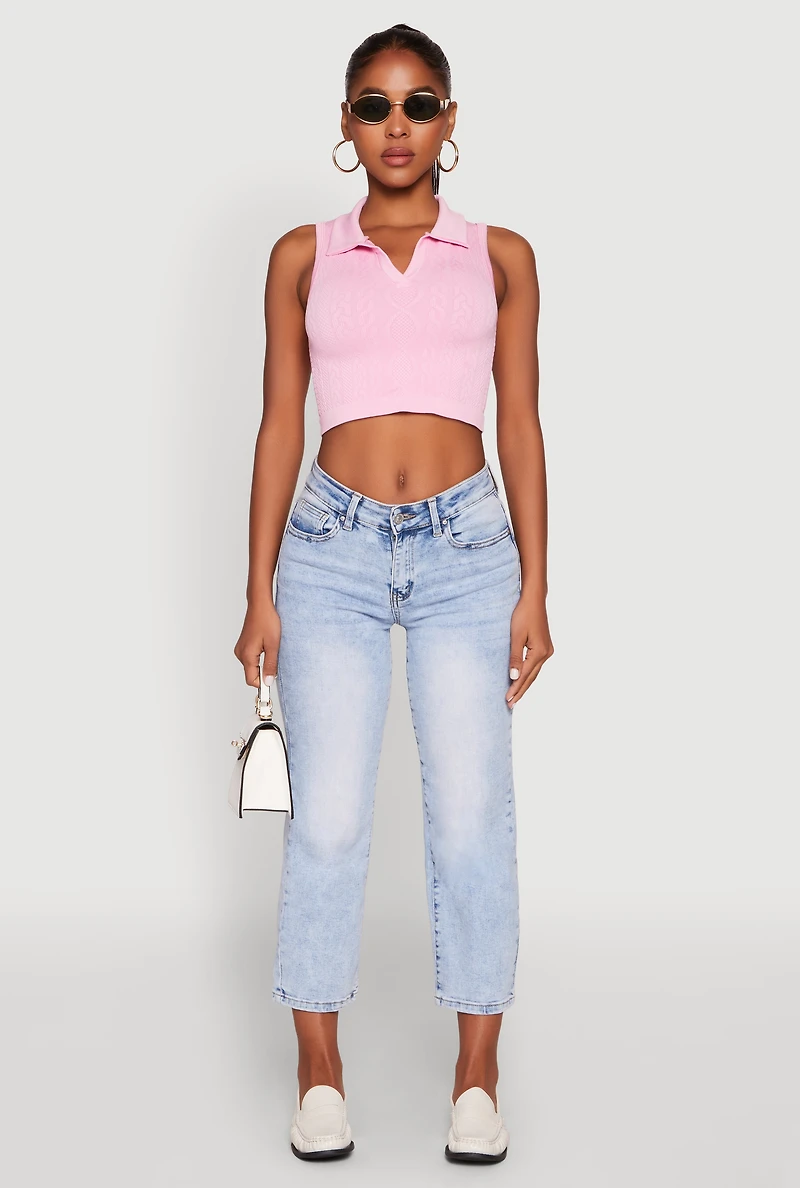 Womens Seamless Cable Knit Polo Crop Top, Pink, Size S-M