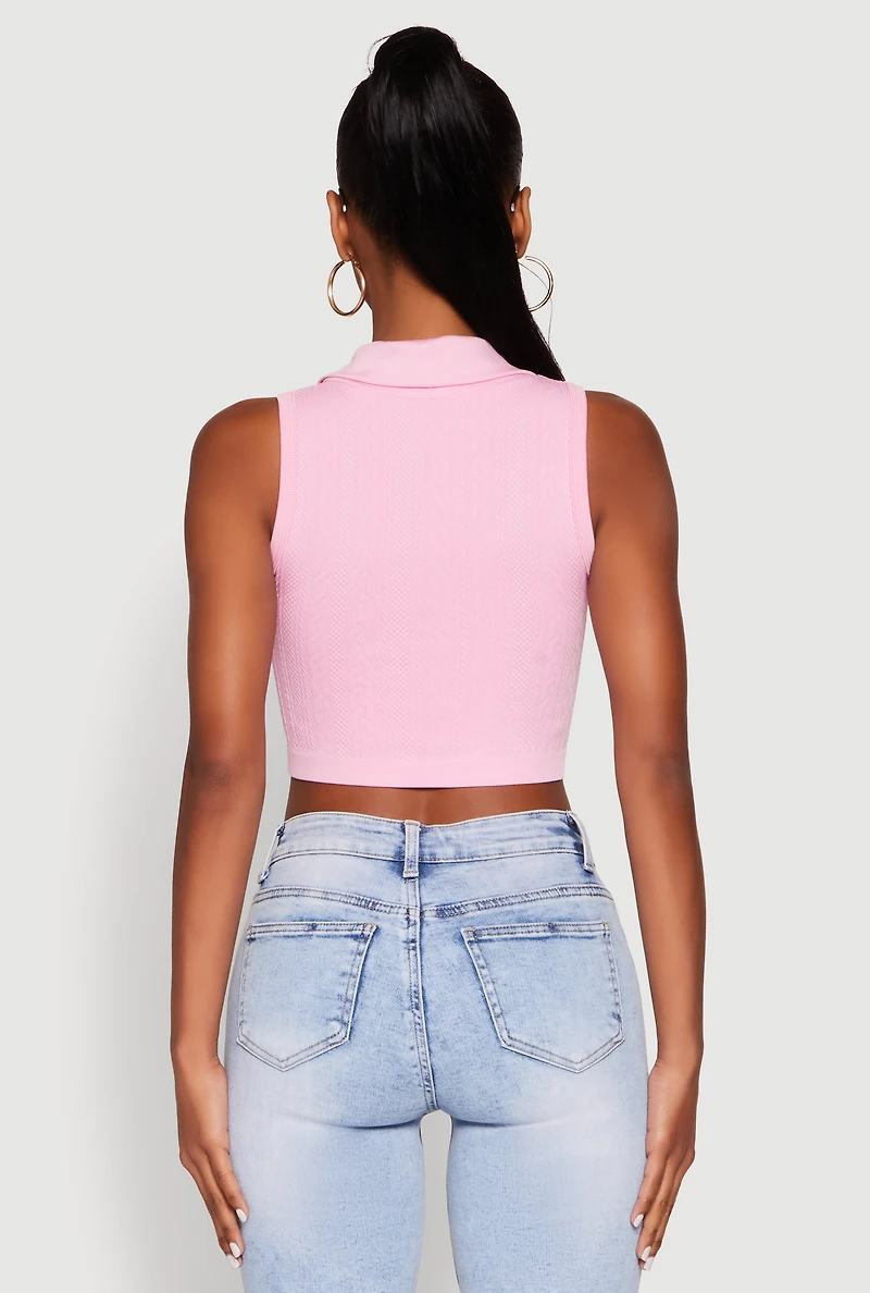 Womens Seamless Cable Knit Polo Crop Top, Pink, Size S-M