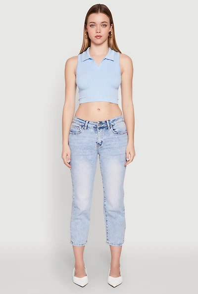 Womens Seamless Cable Knit Polo Crop Top, Blue, Size L-XL