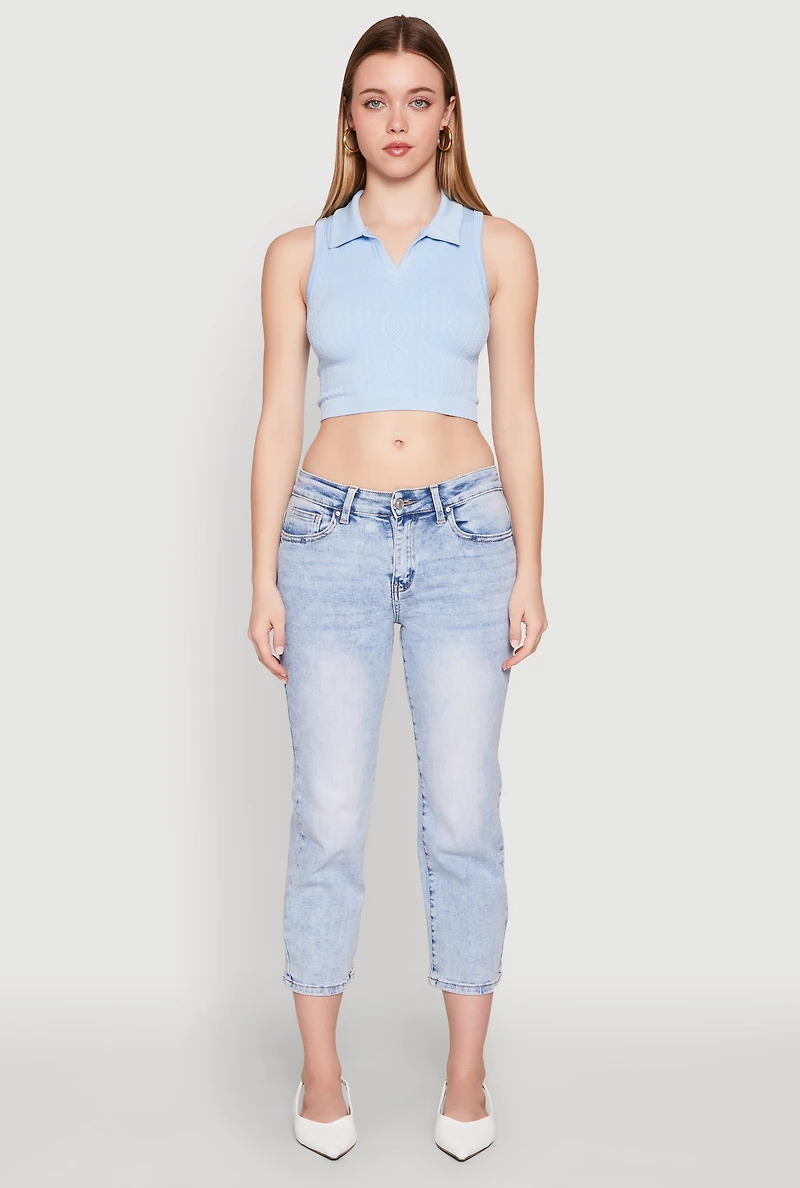 Womens Seamless Cable Knit Polo Crop Top, L-XL