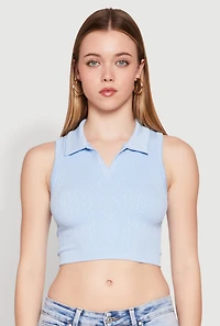 Womens Seamless Cable Knit Polo Crop Top, Blue, Size L-XL