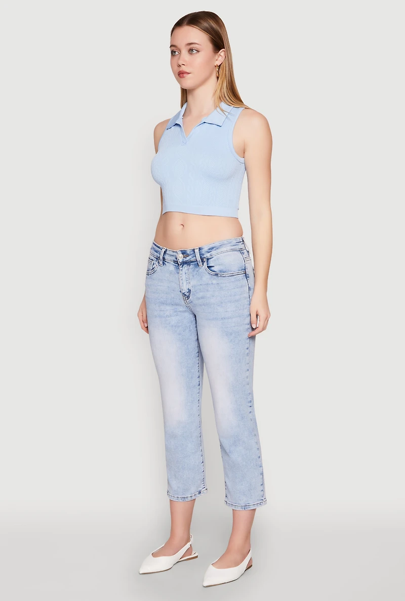 Womens Seamless Cable Knit Polo Crop Top, Blue, Size L-XL