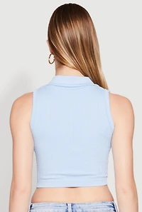 Womens Seamless Cable Knit Polo Crop Top, Blue, Size L-XL