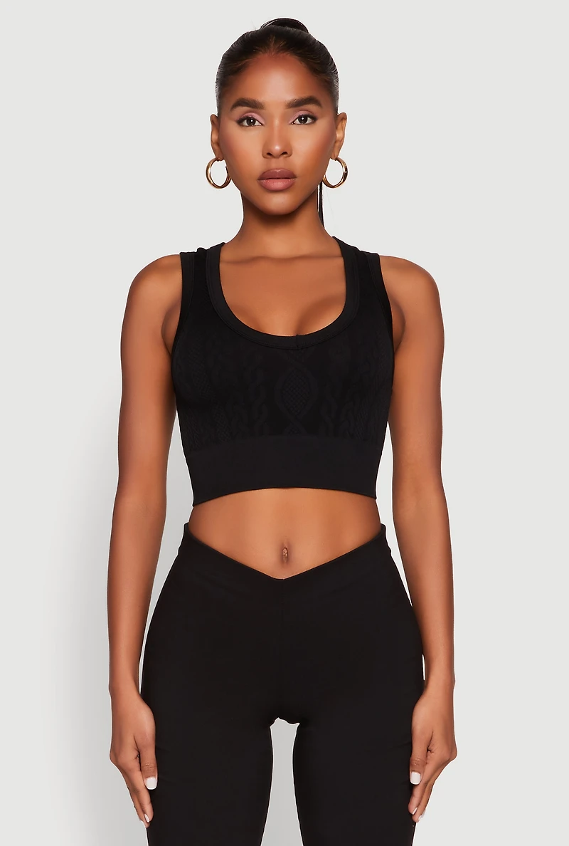 Womens Seamless Scoop Neck Cable Knit Crop Top, L