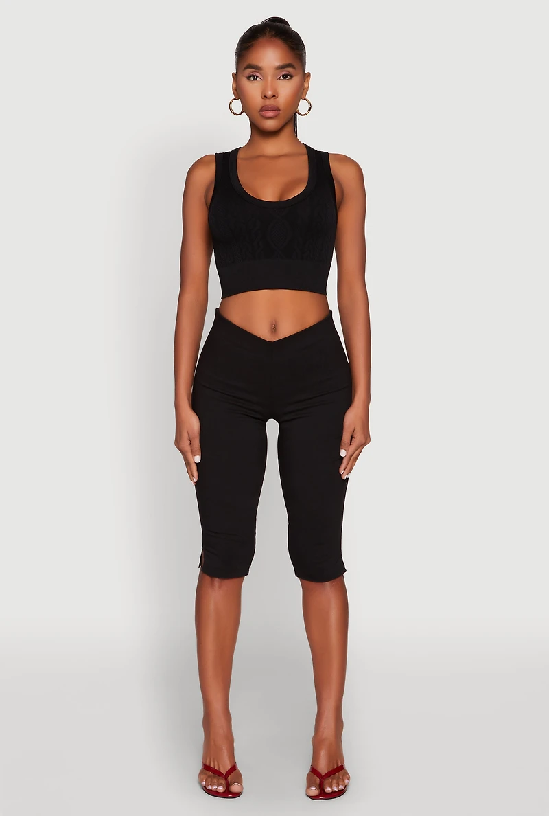 Womens Seamless Scoop Neck Cable Knit Crop Top, L