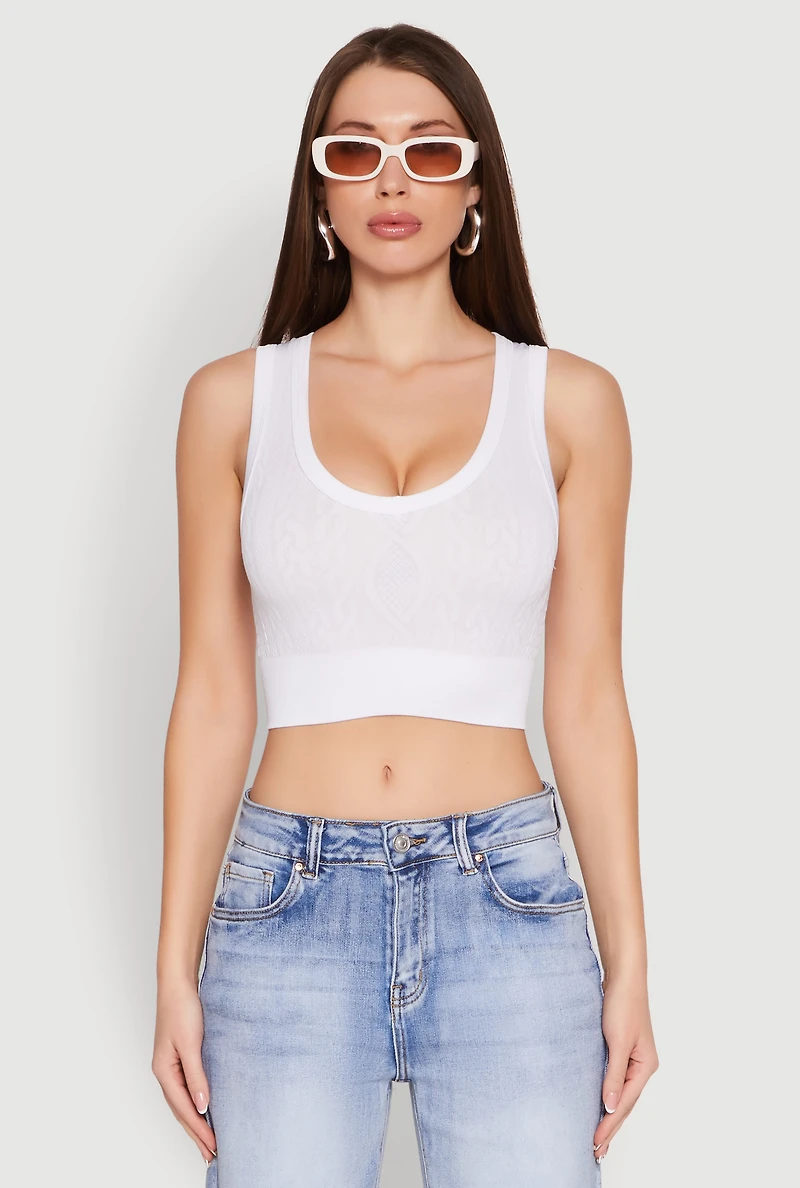 Womens Seamless Scoop Neck Cable Knit Crop Top, White, Size M