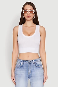 Womens Seamless Scoop Neck Cable Knit Crop Top, White, Size M