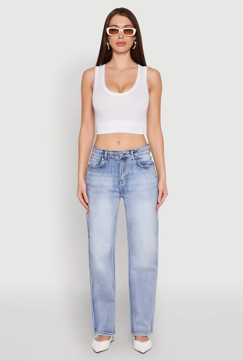 Womens Seamless Scoop Neck Cable Knit Crop Top, White, Size M
