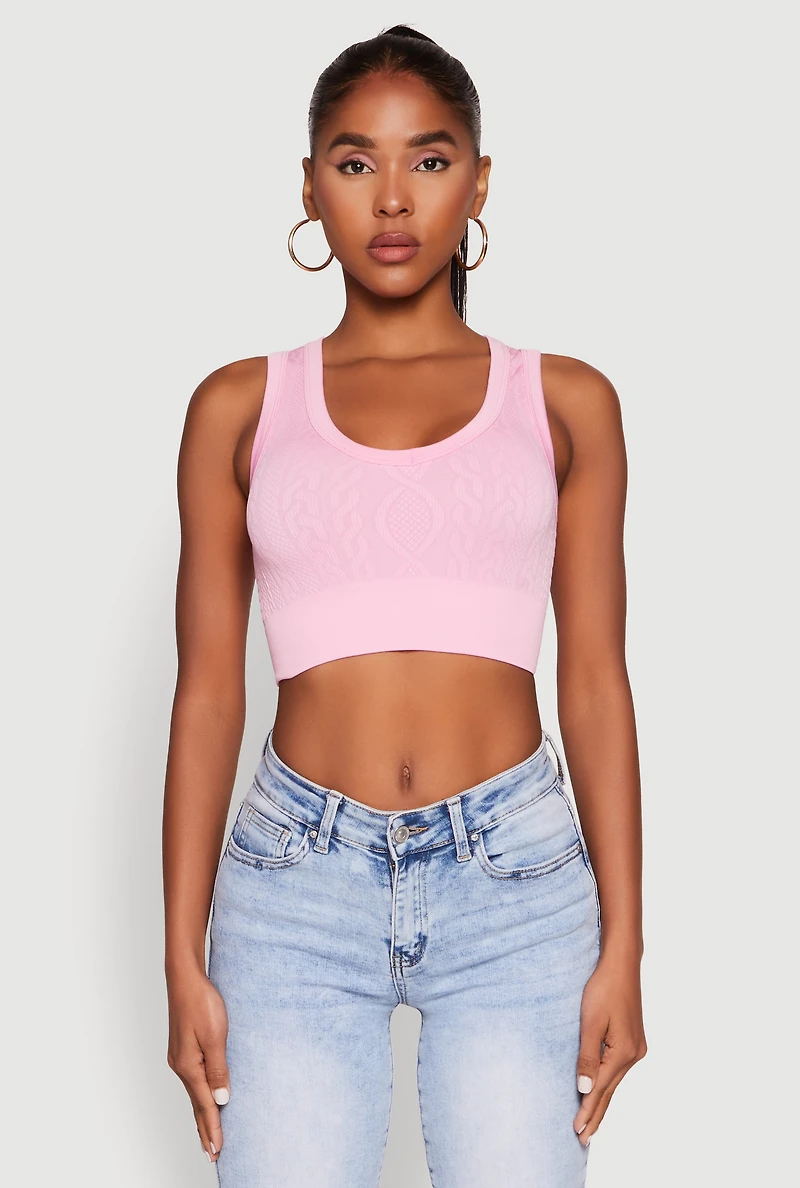 Womens Seamless Scoop Neck Cable Knit Crop Top, Pink, Size L