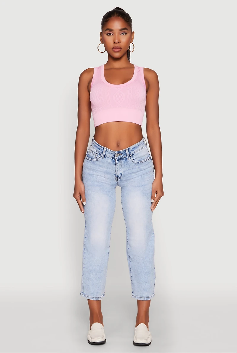 Womens Seamless Scoop Neck Cable Knit Crop Top, Pink, Size L