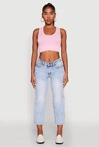 Womens Seamless Scoop Neck Cable Knit Crop Top, Pink, Size L
