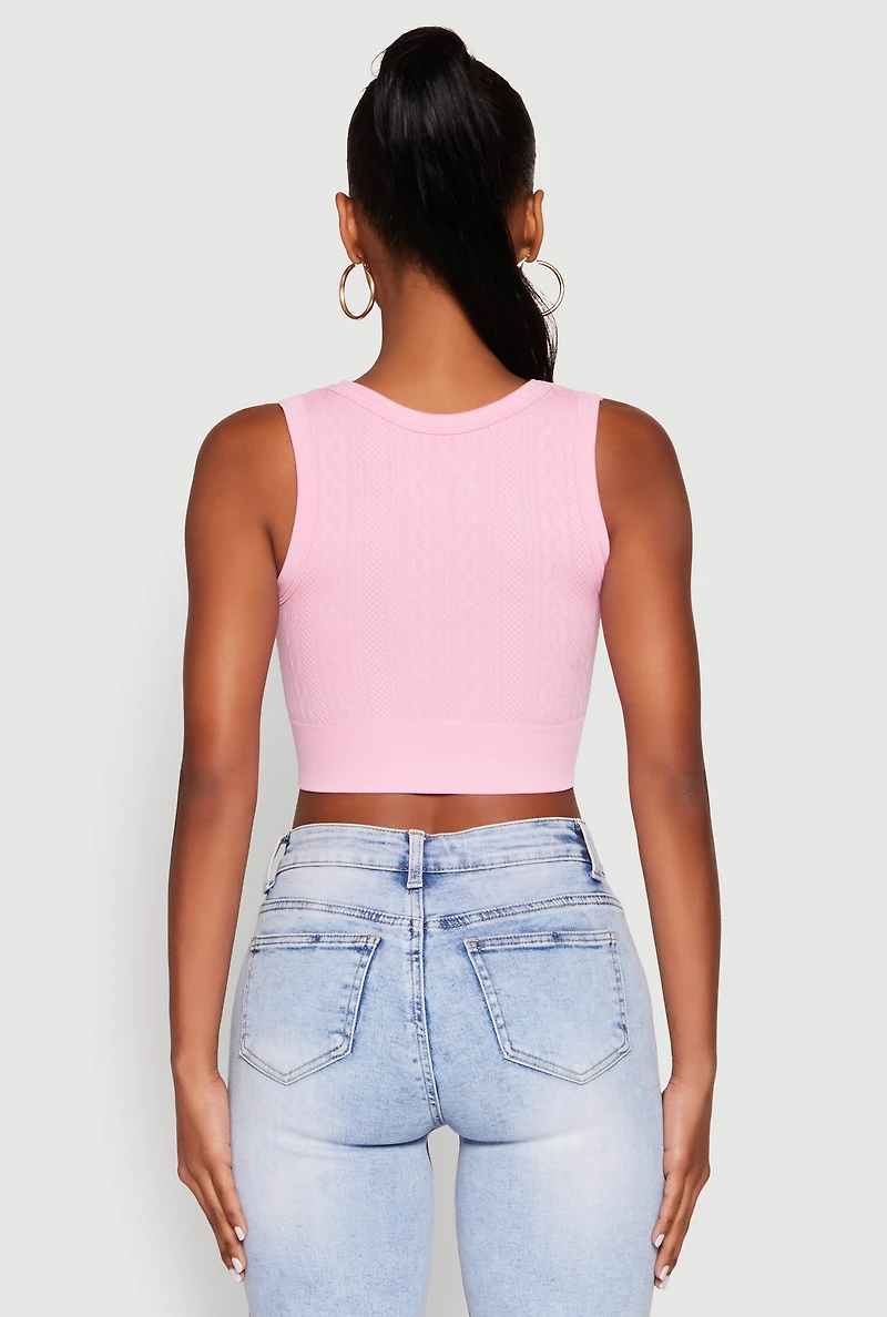 Womens Seamless Scoop Neck Cable Knit Crop Top, Pink, Size L