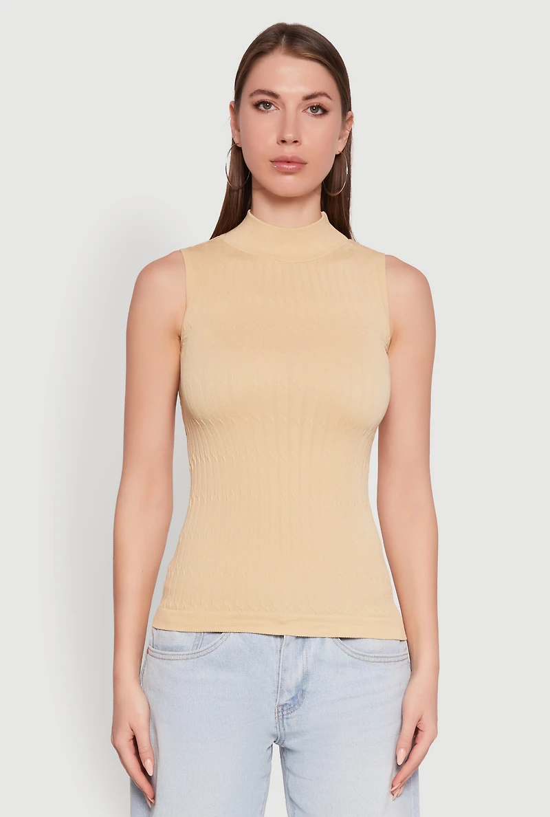 Womens Seamless Mock Neck Tank Top, Beige, Size M