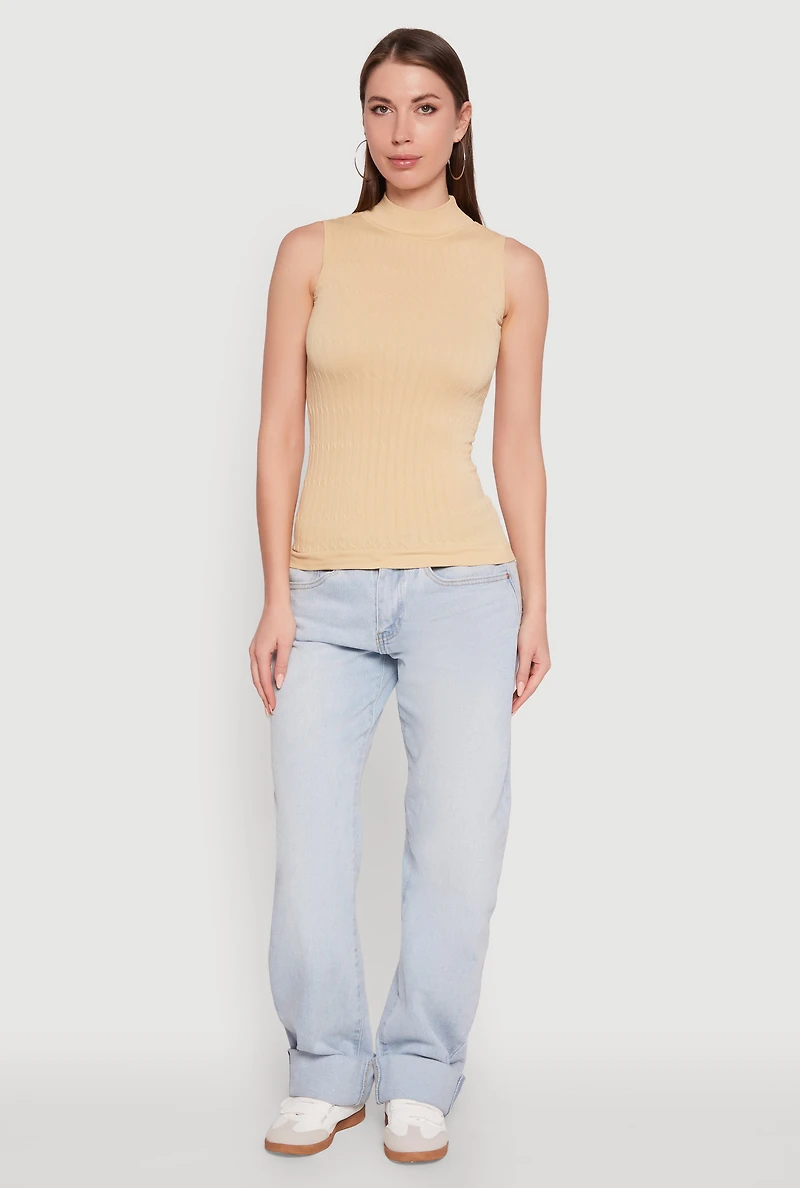Womens Seamless Mock Neck Tank Top, Beige, Size M