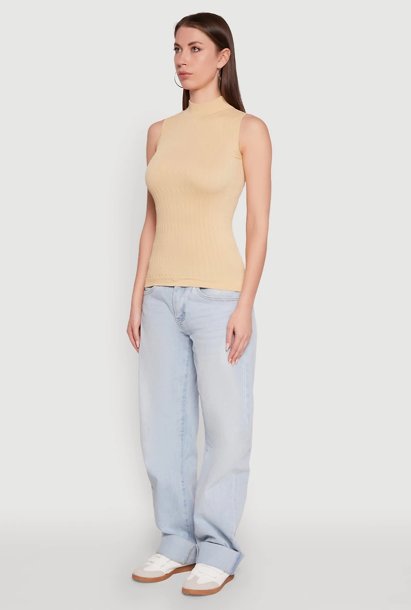 Womens Seamless Mock Neck Tank Top, Beige, Size M