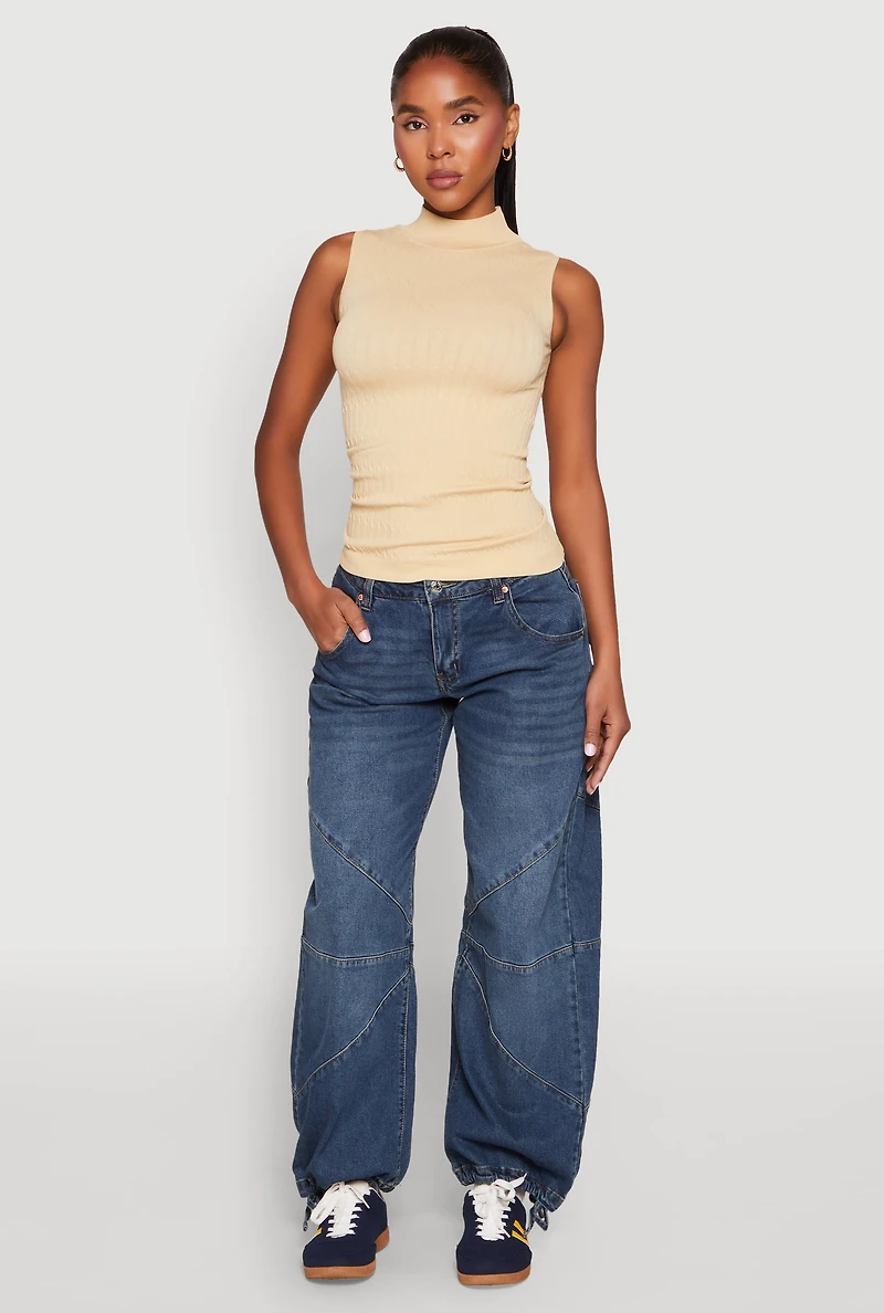 Womens Seamless Mock Neck Tank Top, Beige,