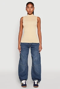 Womens Seamless Mock Neck Tank Top, Beige,