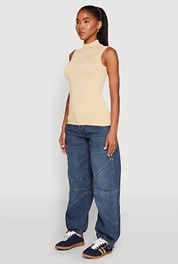 Womens Seamless Mock Neck Tank Top, Beige,