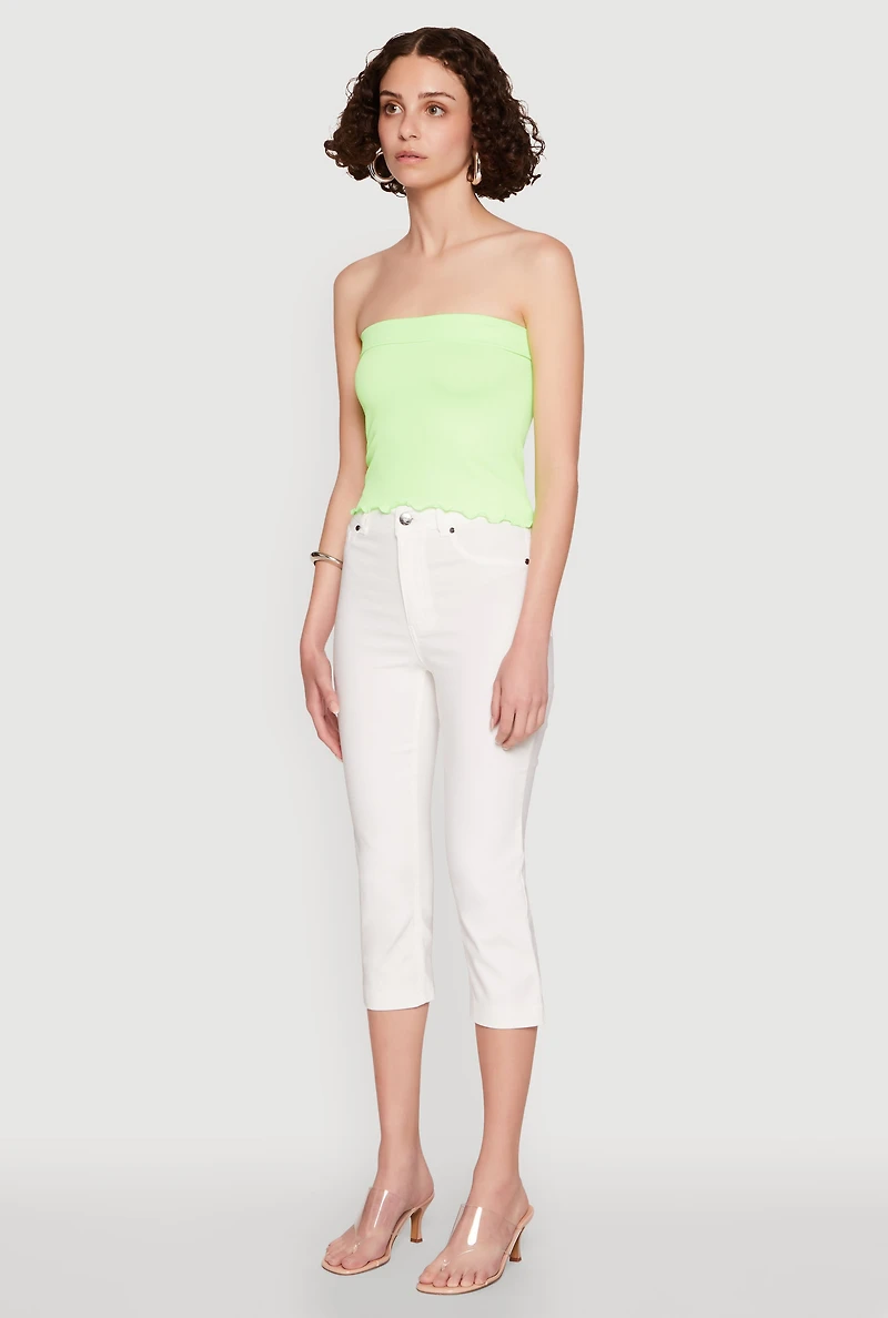 Womens Lettuce Edge Seamless Tube Top, Green, Size S-M
