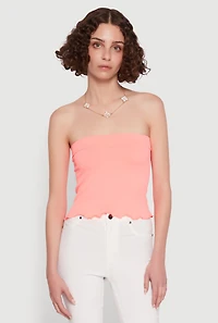 Womens Lettuce Edge Seamless Tube Top, Pink, Size S-M