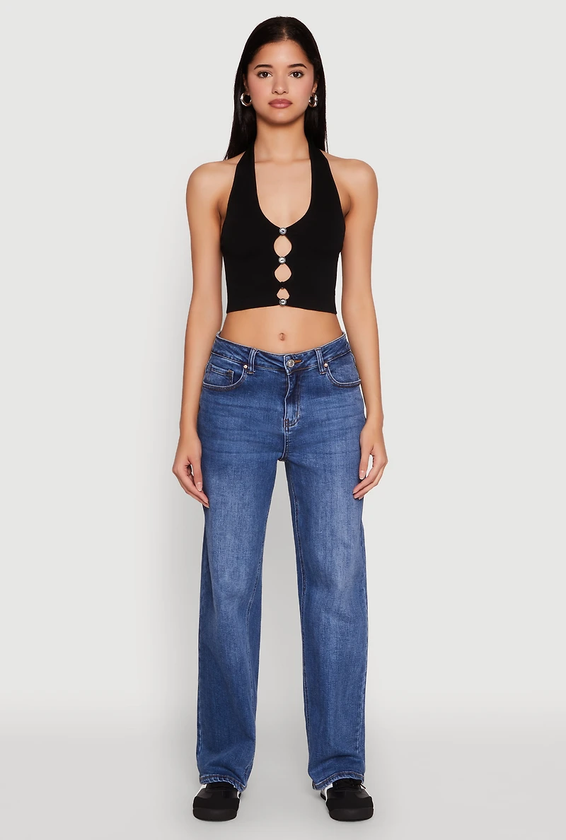 Womens Button Front Cut Out Halter Neck Crop Top, Black, Size S-M