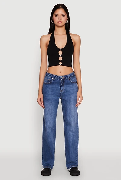 Womens Button Front Cut Out Halter Neck Crop Top, Black, Size S-M