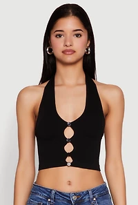 Womens Button Front Cut Out Halter Neck Crop Top, Black, Size S-M