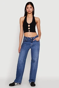 Womens Button Front Cut Out Halter Neck Crop Top, Black, Size S-M
