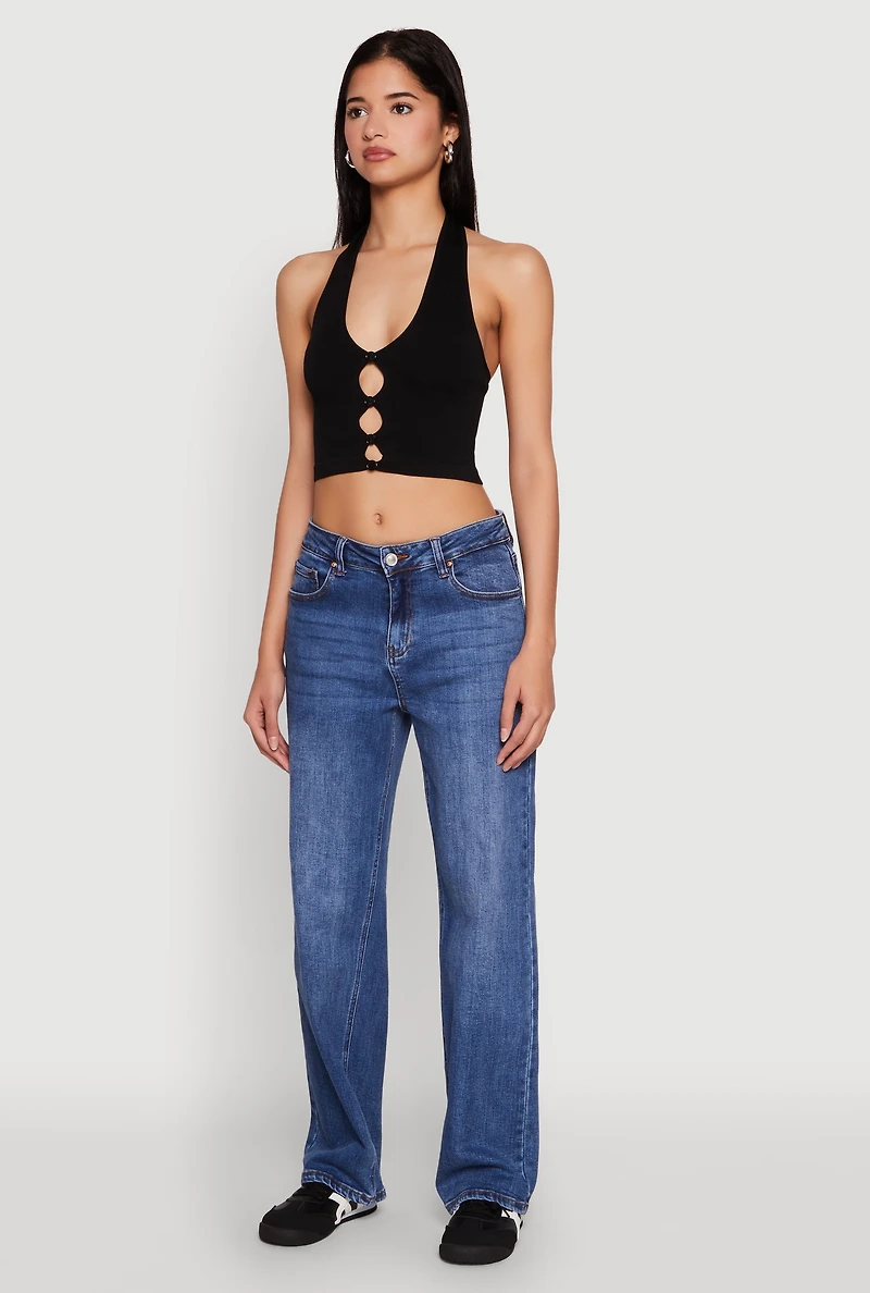 Womens Button Front Cut Out Halter Neck Crop Top, Black, Size S-M
