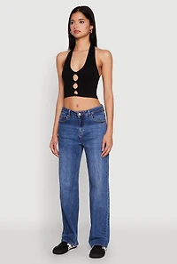 Womens Button Front Cut Out Halter Neck Crop Top, Black, Size S-M