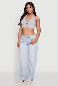 Button Front Cut Out Halter Neck Crop Top