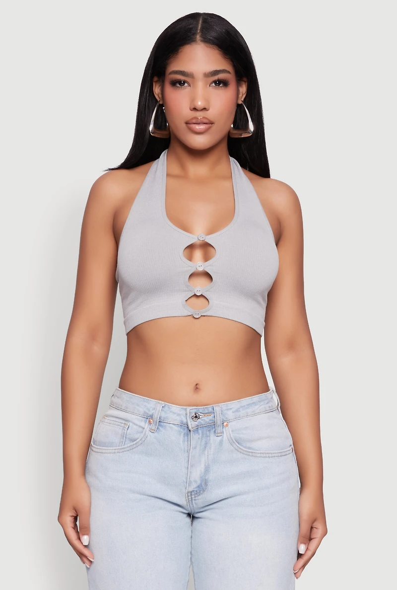 Womens Button Front Cut Out Halter Neck Crop Top, Grey, Size S-M